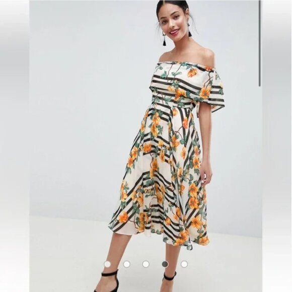 NWT ASOS Bandeau Midi Dress White Black Stripe Orange Floral Off Shoulder Size 4 - Picture 12 of 13